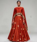 Rust Orange Embroidered Dupion Silk Cape Lehenga Set