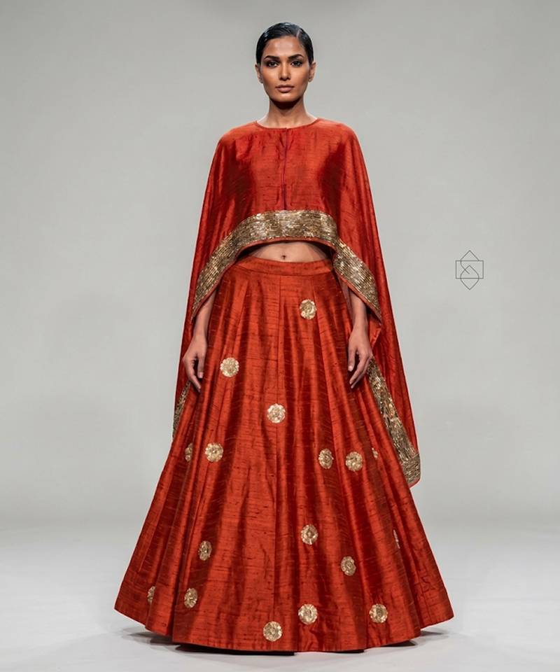 Rust Orange Embroidered Dupion Silk Cape Lehenga Set