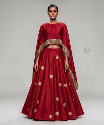 Crimson Red Embroidered Dupion Silk Lehenga Set 1