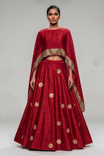 Crimson Red Embroidered Dupion Silk Lehenga Set