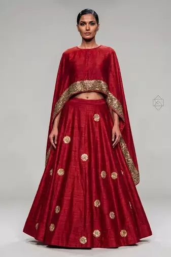 Crimson Red Embroidered Dupion Silk Lehenga Set