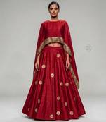 Crimson Red Embroidered Dupion Silk Lehenga Set