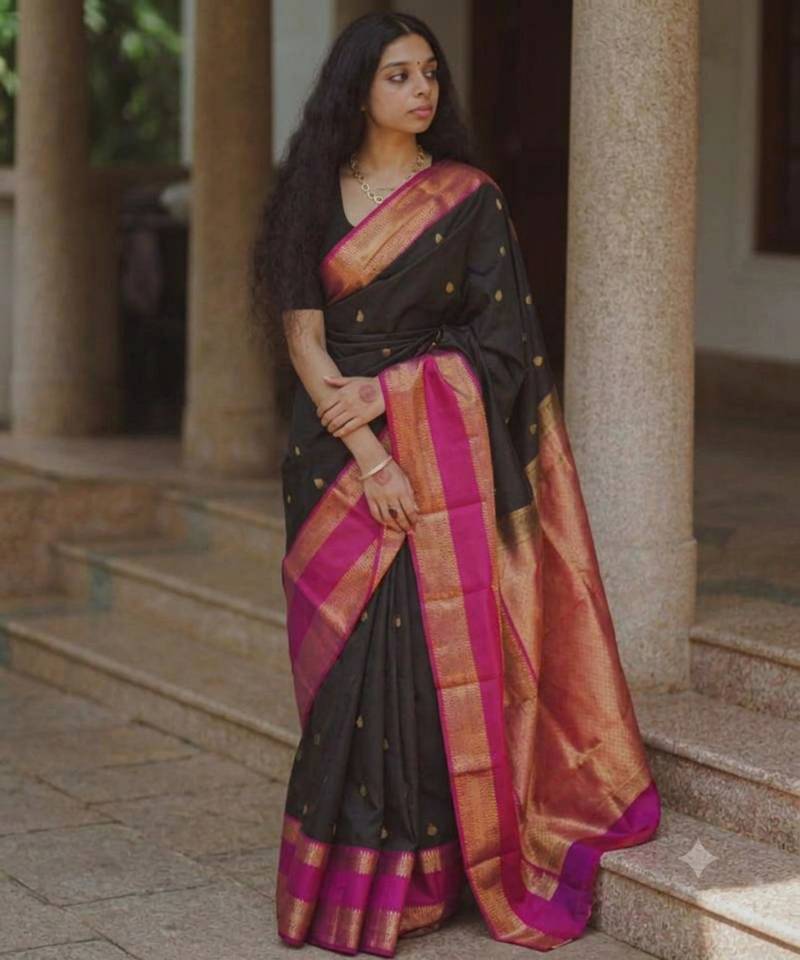 Black silk blend printed saree