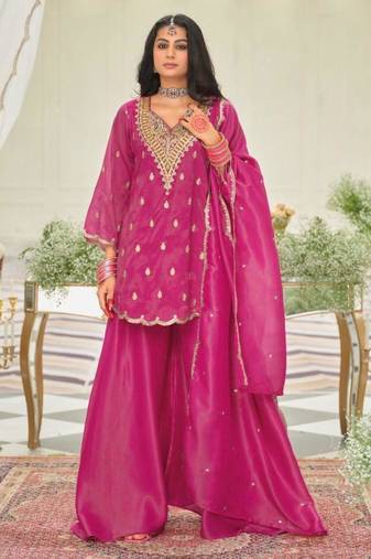 Pink silk blend embroidered sharara set