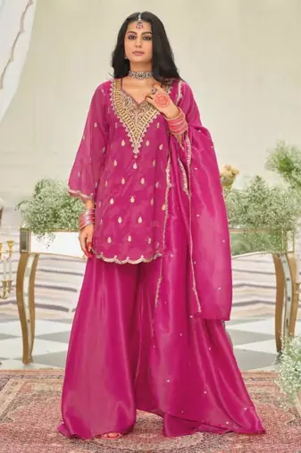 Pink silk blend embroidered sharara set
