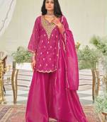 Pink silk blend embroidered sharara set