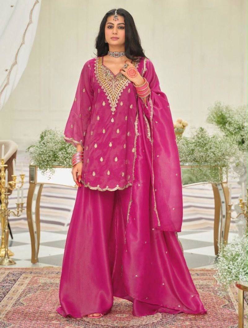 Pink silk blend embroidered sharara set