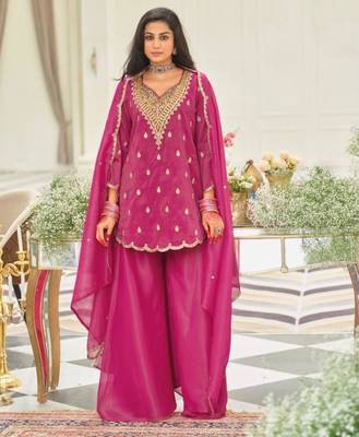 Pink silk blend embroidered sharara set 2