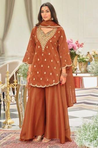 Brown silk blend embroidered sharara set