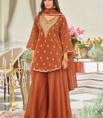 Brown silk blend embroidered sharara set