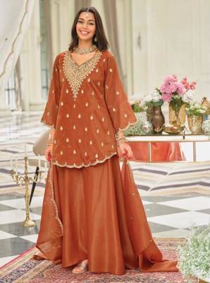 Brown silk blend embroidered sharara set 2