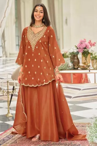 Brown silk blend embroidered sharara set