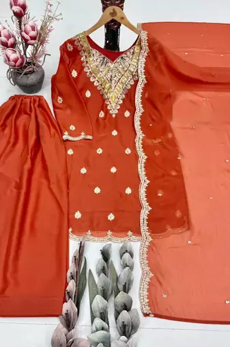Brown silk blend embroidered sharara set