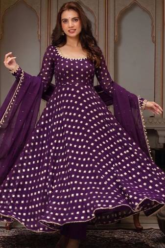 Purple jacquard mirror flared gown set