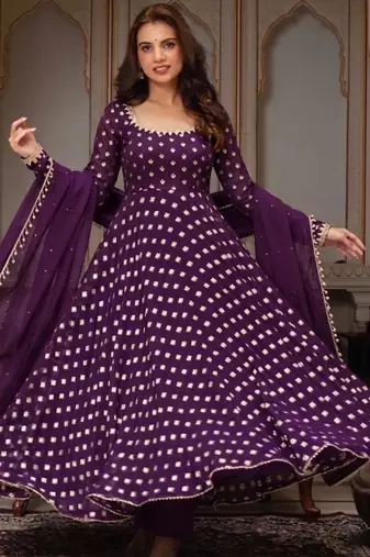 Purple jacquard mirror flared gown set