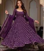 Purple jacquard mirror flared gown set