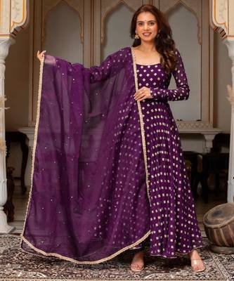 Purple jacquard mirror flared gown set 2