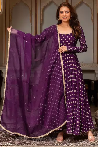 Purple jacquard mirror flared gown set