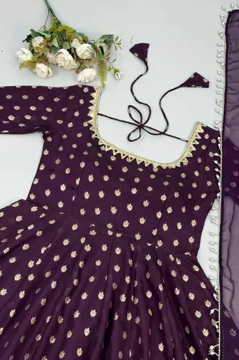 Purple jacquard mirror flared gown set