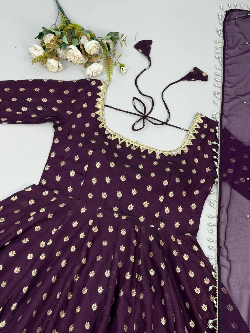 Purple jacquard mirror flared gown set