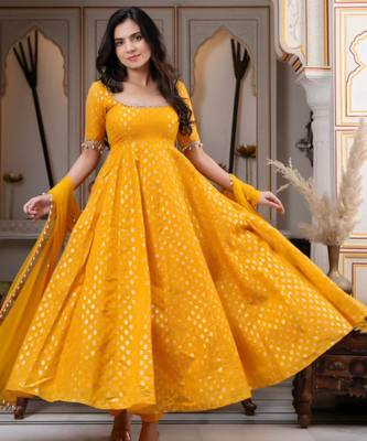 Yellow jacquard mirror flared gown set 1