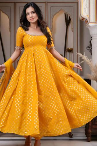 Yellow jacquard mirror flared gown set