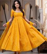 Yellow jacquard mirror flared gown set