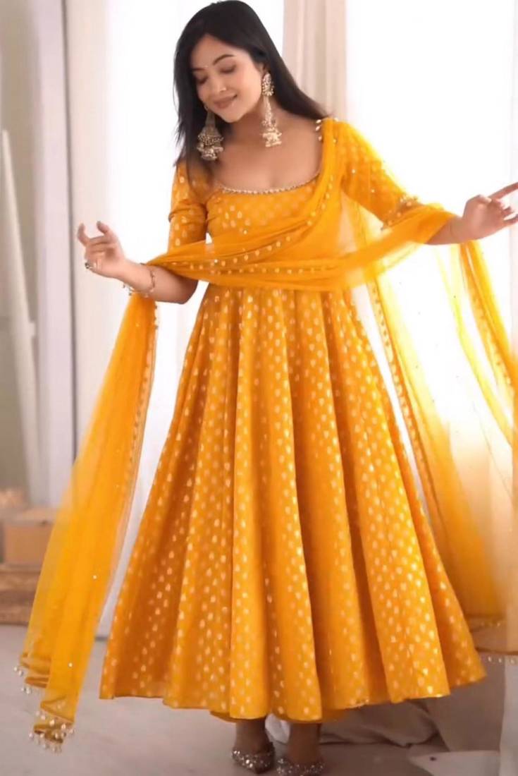 Yellow jacquard mirror flared gown set