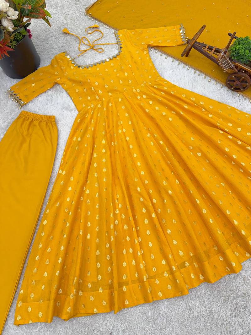 Yellow jacquard mirror flared gown set