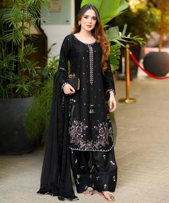 Black satin embroidered farshi salwar set 1