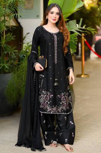 Black satin embroidered farshi salwar set
