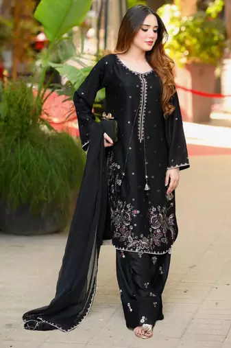 Black satin embroidered farshi salwar set