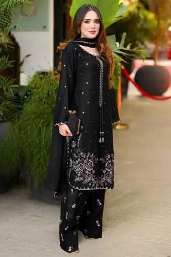 Black satin embroidered farshi salwar set