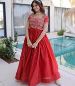 Red silk blend embroidered flared gown set