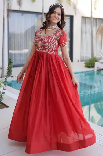 Red silk blend embroidered flared gown set