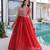 Red silk blend embroidered flared gown set