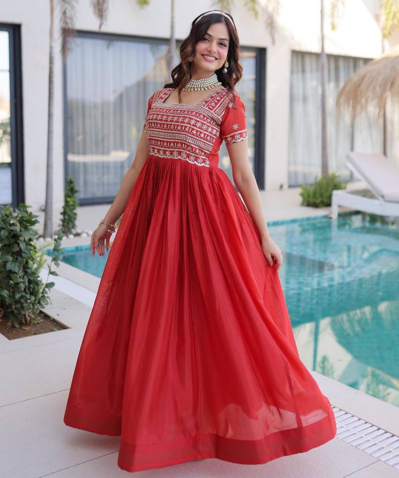 Red silk blend embroidered flared gown set