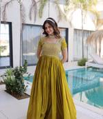 Green silk blend embroidered flared gown set