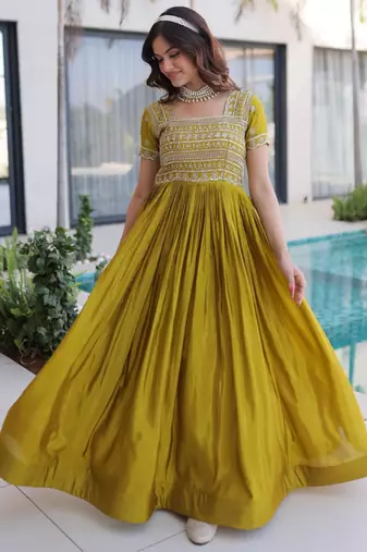 Green silk blend embroidered flared gown set