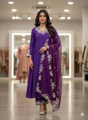 Purple silk blend embroidered kurta set 1