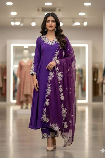 Purple silk blend embroidered kurta set