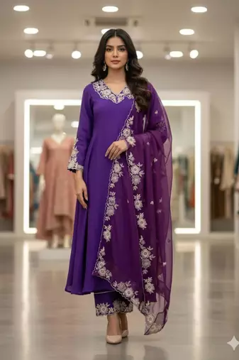 Purple silk blend embroidered kurta set