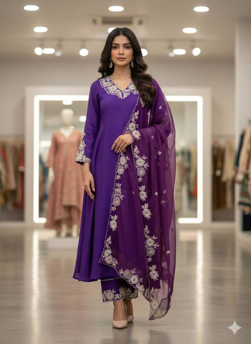 Purple silk blend embroidered kurta set
