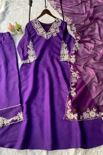 Purple silk blend embroidered kurta set