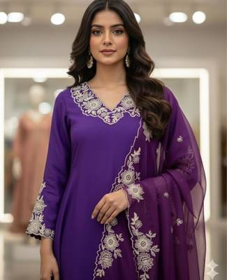 Purple silk blend embroidered kurta set 3