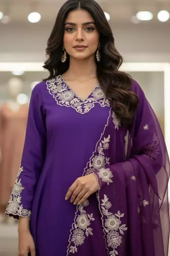 Purple silk blend embroidered kurta set