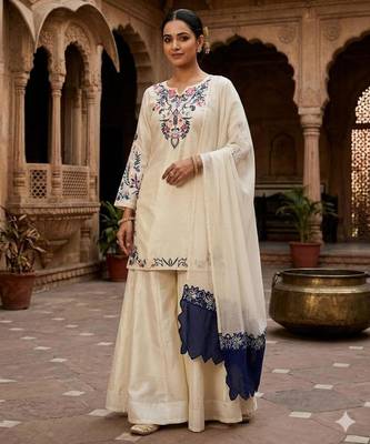 Cream silk blend embroidered palazzo set 1