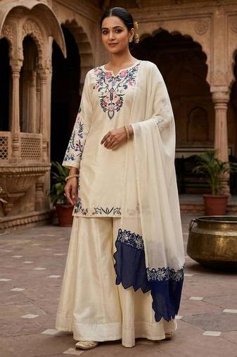 Cream silk blend embroidered palazzo set