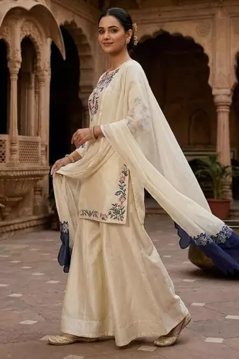 Cream silk blend embroidered palazzo set