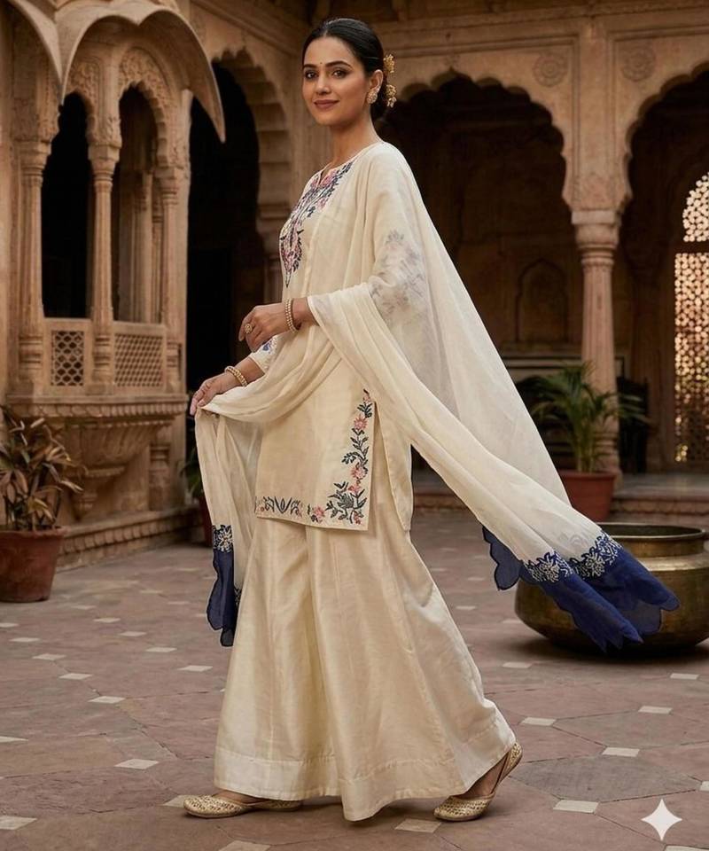 Cream silk blend embroidered palazzo set